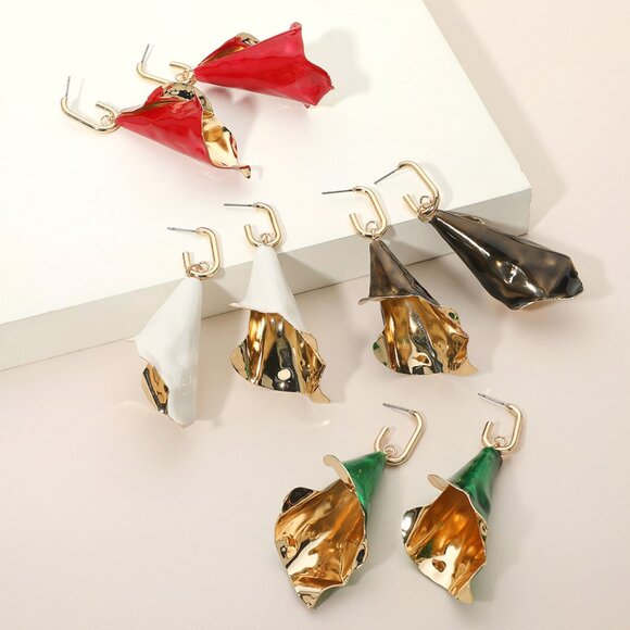 Petal Drop Red Green White Enamel Dangle Earrings - Holiday Ready! - Great Gift! - Picture 2 of 7